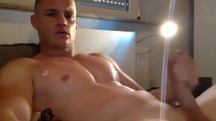 Hot Shaved Muscle Hunk Stroking His Huge Cock