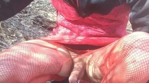 Crossdress walk in public woods, buttplug and jack off