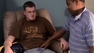 Chubby white gay gets his balls and cock licked by black dud