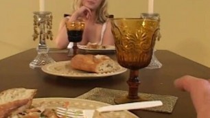 Hot blonde bombshell makes her lover poke her ass during the dinner
