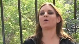 Perky brunette has her mouth filled with angry cocks outside